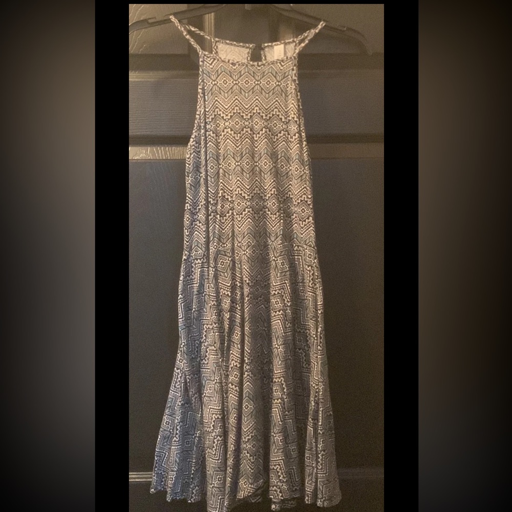 A black, white and blue dress.